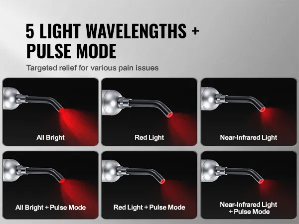 VEVOR red light therapy device showing 5 wavelengths: all bright, red light, near-infrared light, and pulse mode.