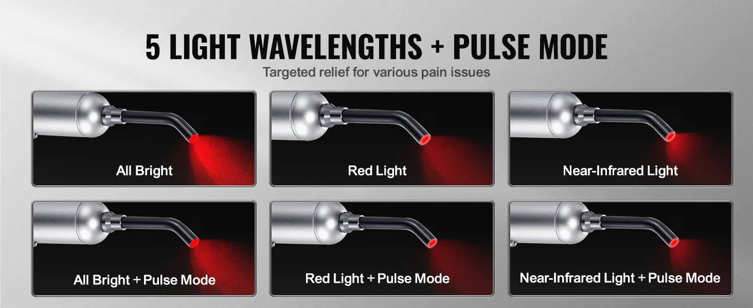 VEVOR red light therapy device showing 5 wavelengths: all bright, red light, near-infrared light, and pulse mode.