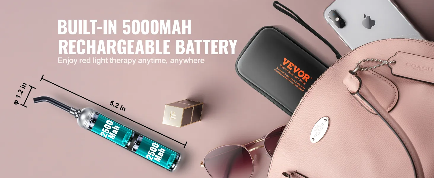 VEVOR red light therapy device with 5000mah rechargeable battery, next to pink handbag and sunglasses.