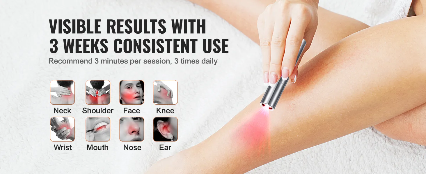 VEVOR red light therapy device, effective for neck, shoulder, wrist, mouth, nose, ear, and knee pain.