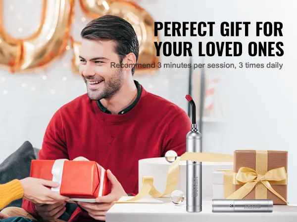 couple exchanging gifts with the VEVOR red light therapy device, ideal for family care and all ages.