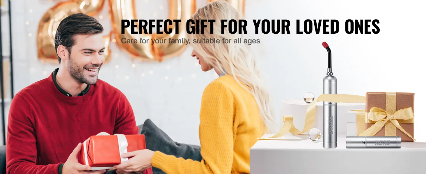 couple exchanging gifts with the VEVOR red light therapy device, ideal for family care and all ages.