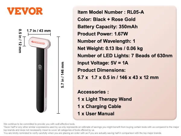 VEVOR Rotlichttherapiestab mit 7 LED-Leuchten, 630 nm, 350 mAh Akku, Schwarz und Roségold.