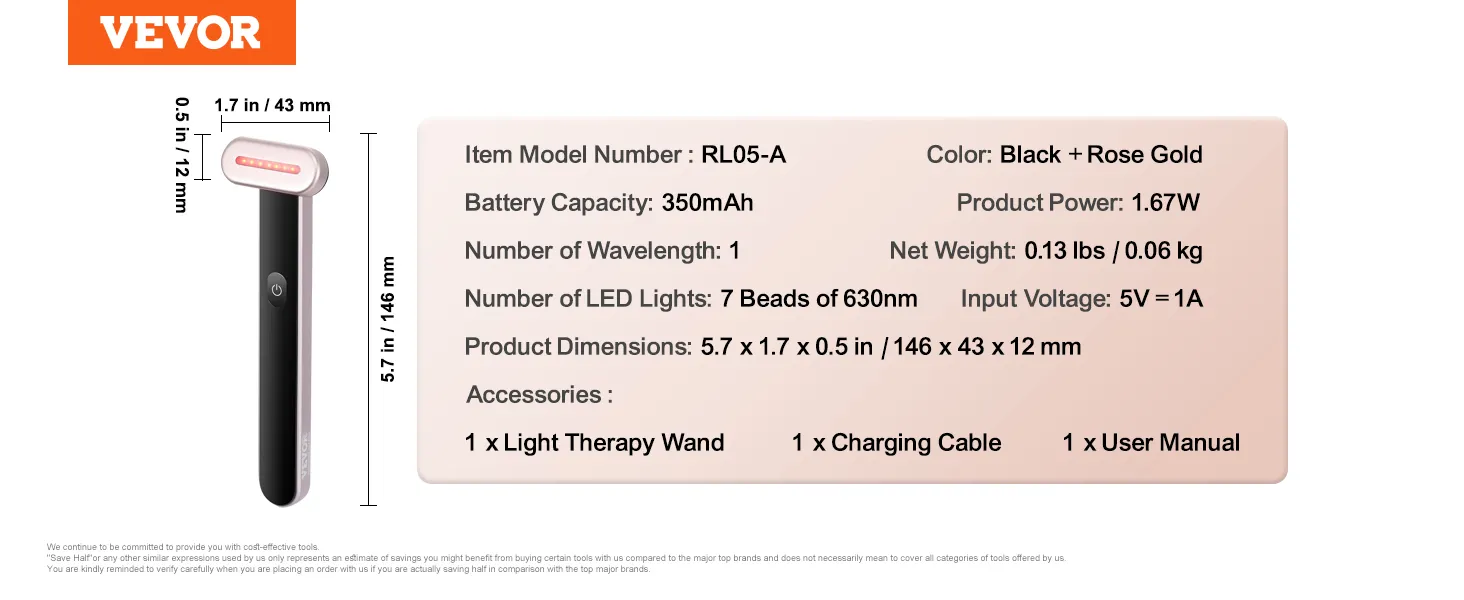 VEVOR Rotlichttherapiestab mit 7 LED-Leuchten, 630 nm, 350 mAh Akku, Schwarz und Roségold.