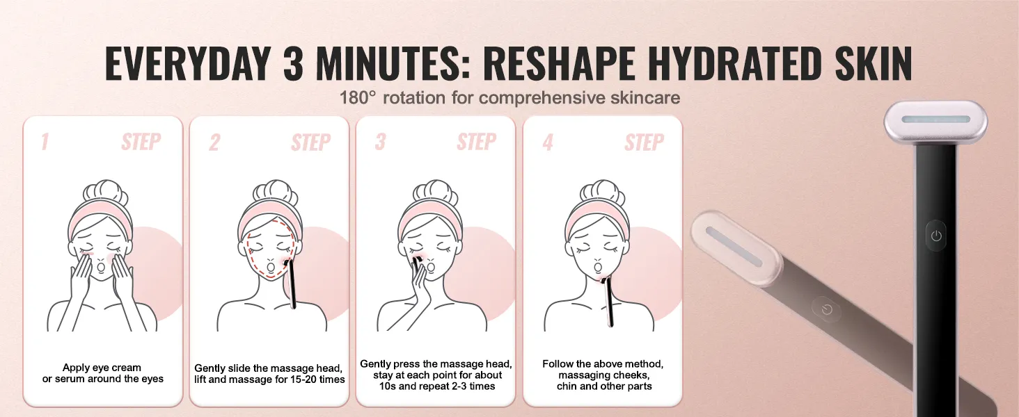 Schritte mit dem VEVOR-Rotlichttherapiestab für die tägliche Hautpflege: Augencreme auftragen, einmassieren, anheben und wiederholen.