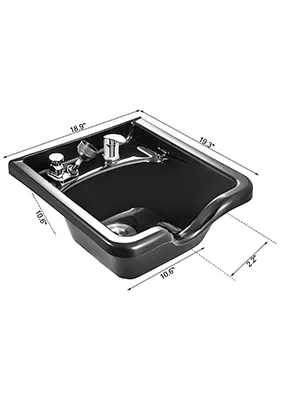 black VEVOR shampoo bowl with faucet and dimensions labeled 18.9" by 19.3".