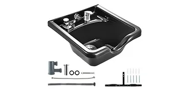 VEVOR shampoo bowl with faucet, drain, and installation accessories in black.