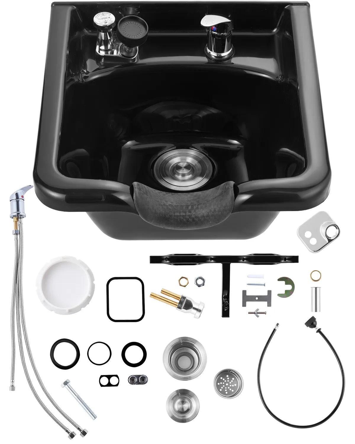 VEVOR shampoo bowl with faucet, drain, and installation hardware set.