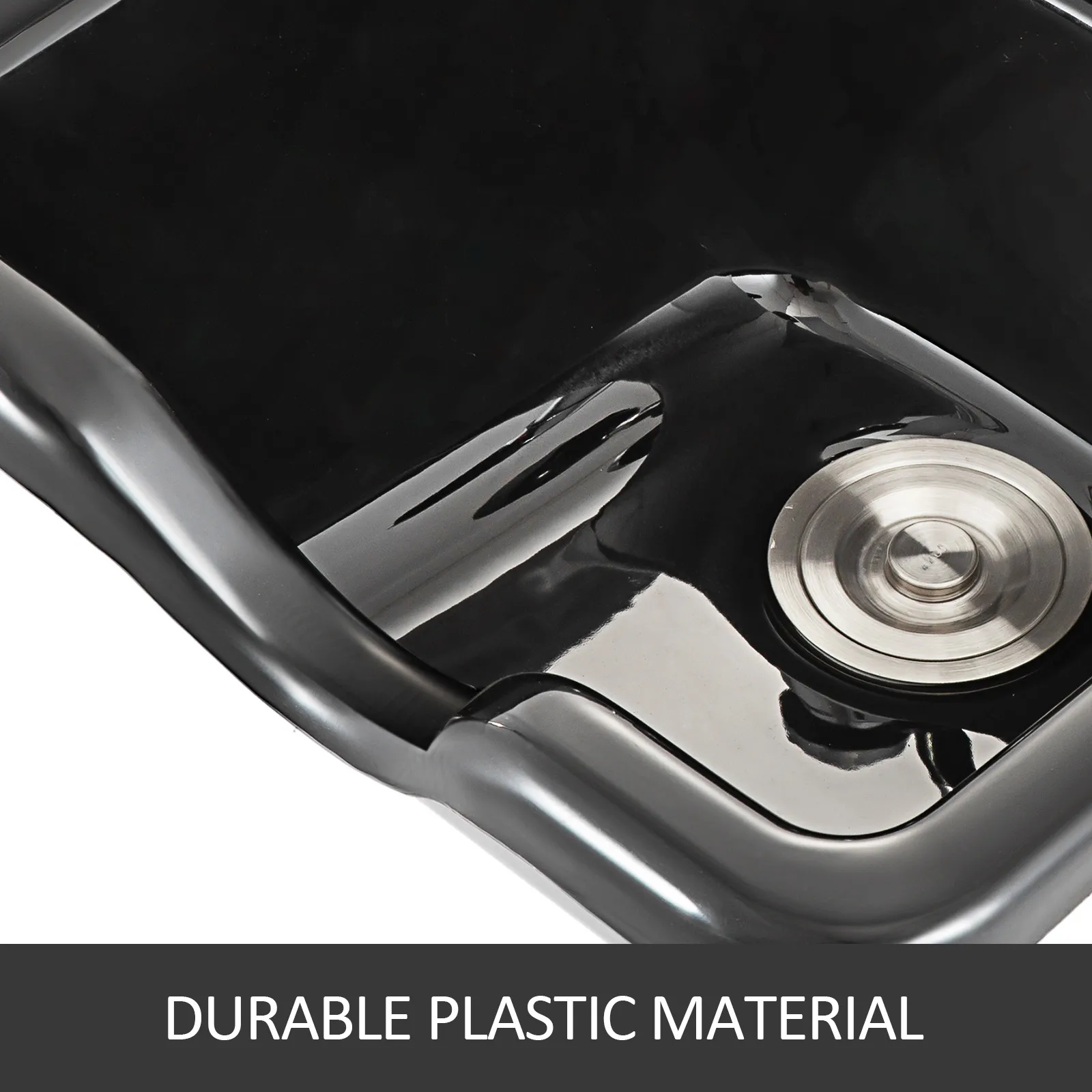 VEVOR shampoo bowl with durable plastic material and shiny stainless steel drain.
