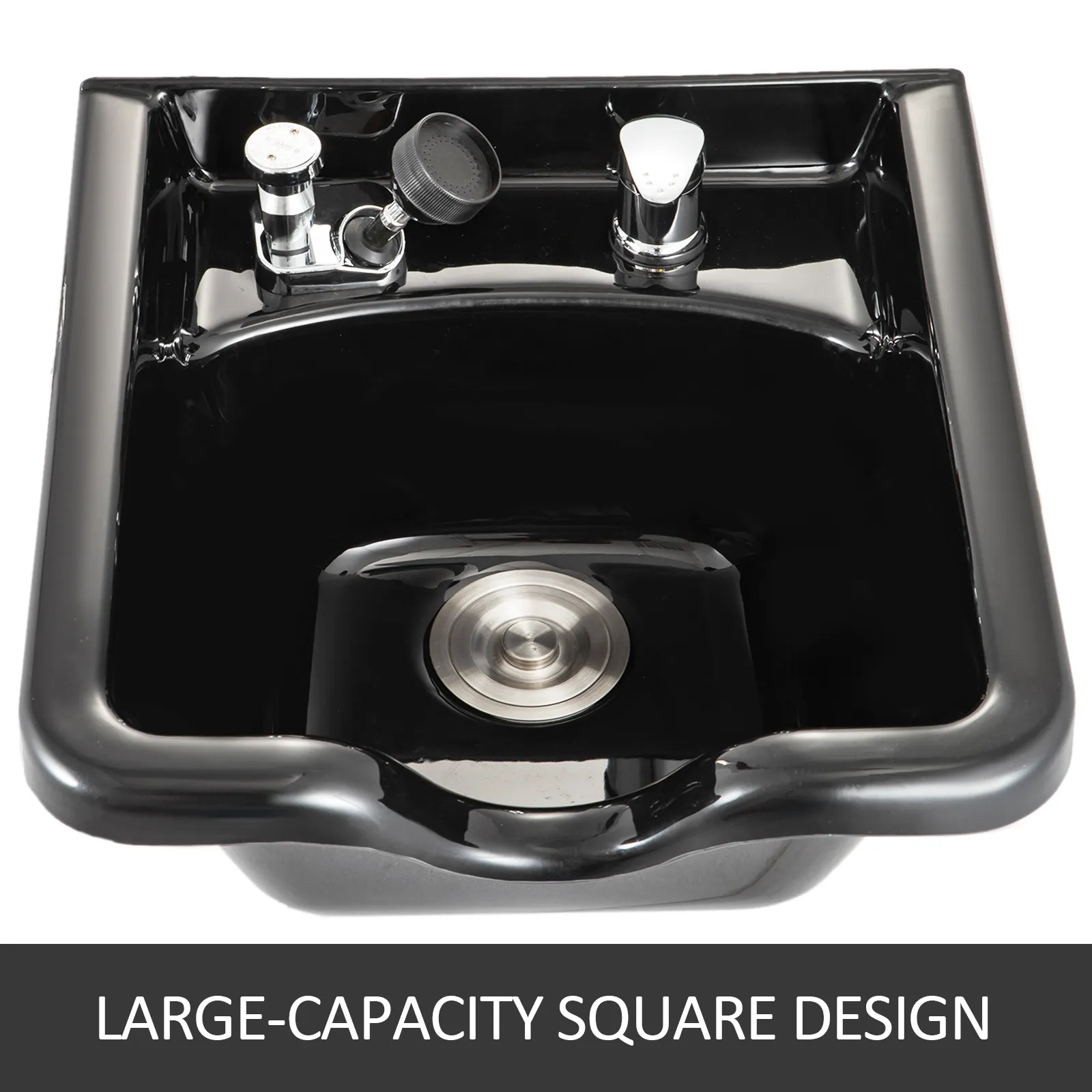 black VEVOR shampoo bowl with faucet and drain, large-capacity square design.