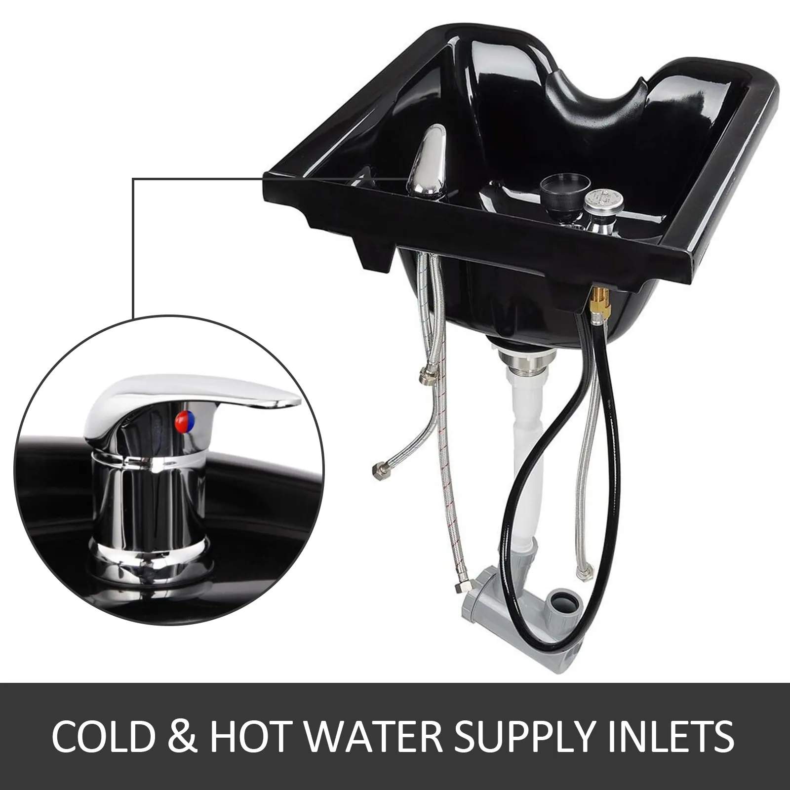 VEVOR shampoo bowl with cold and hot water supply inlets, black finish.