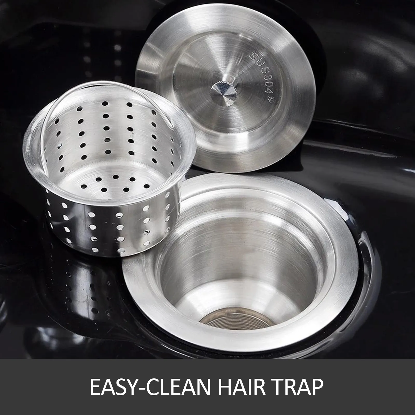 VEVOR shampoo bowl with stainless steel hair trap in a black sink.