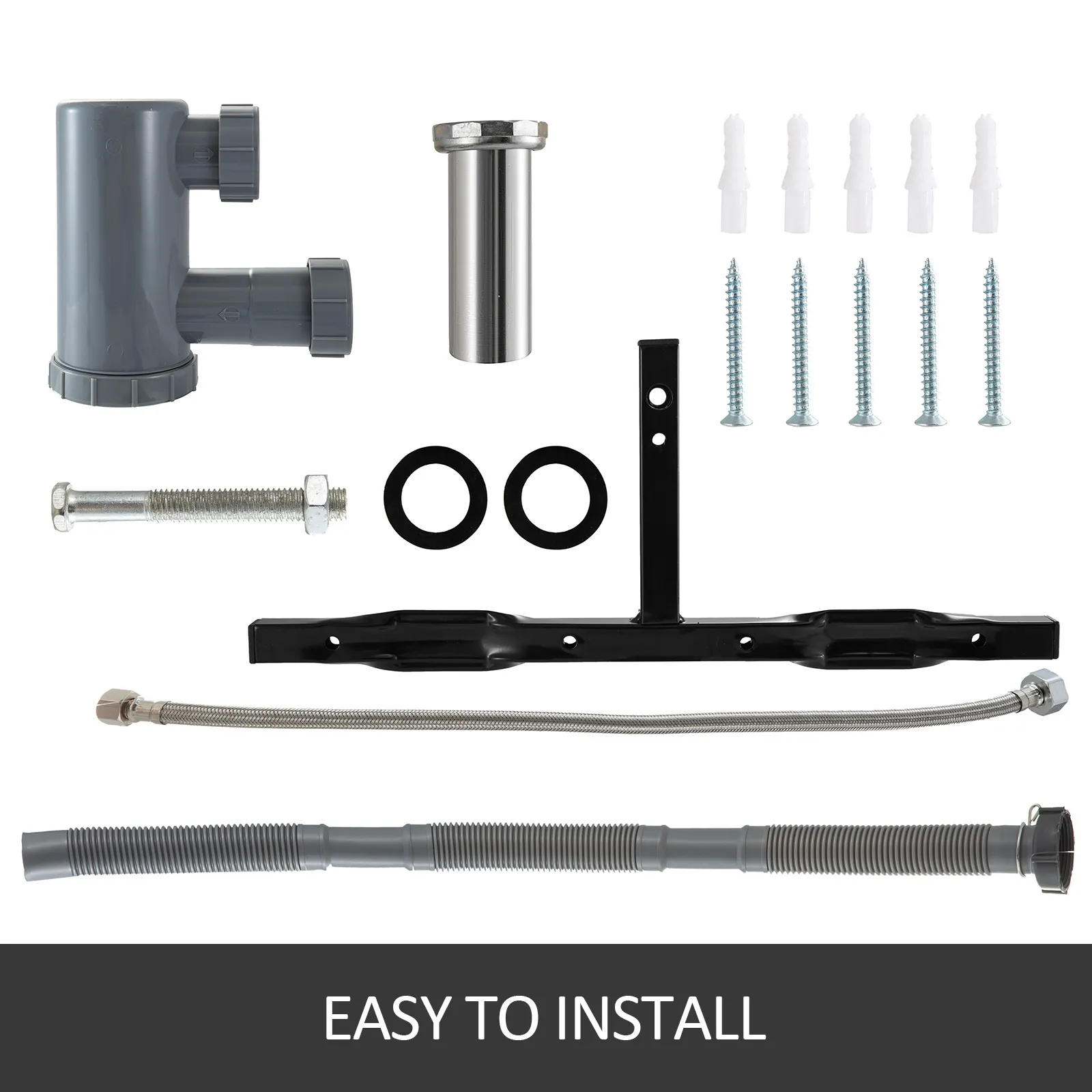 VEVOR shampoo bowl installation kit with screws, hoses, and mounting hardware.