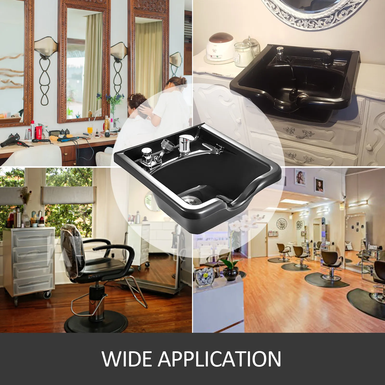 VEVOR shampoo bowl in various salon settings showcasing wide application.