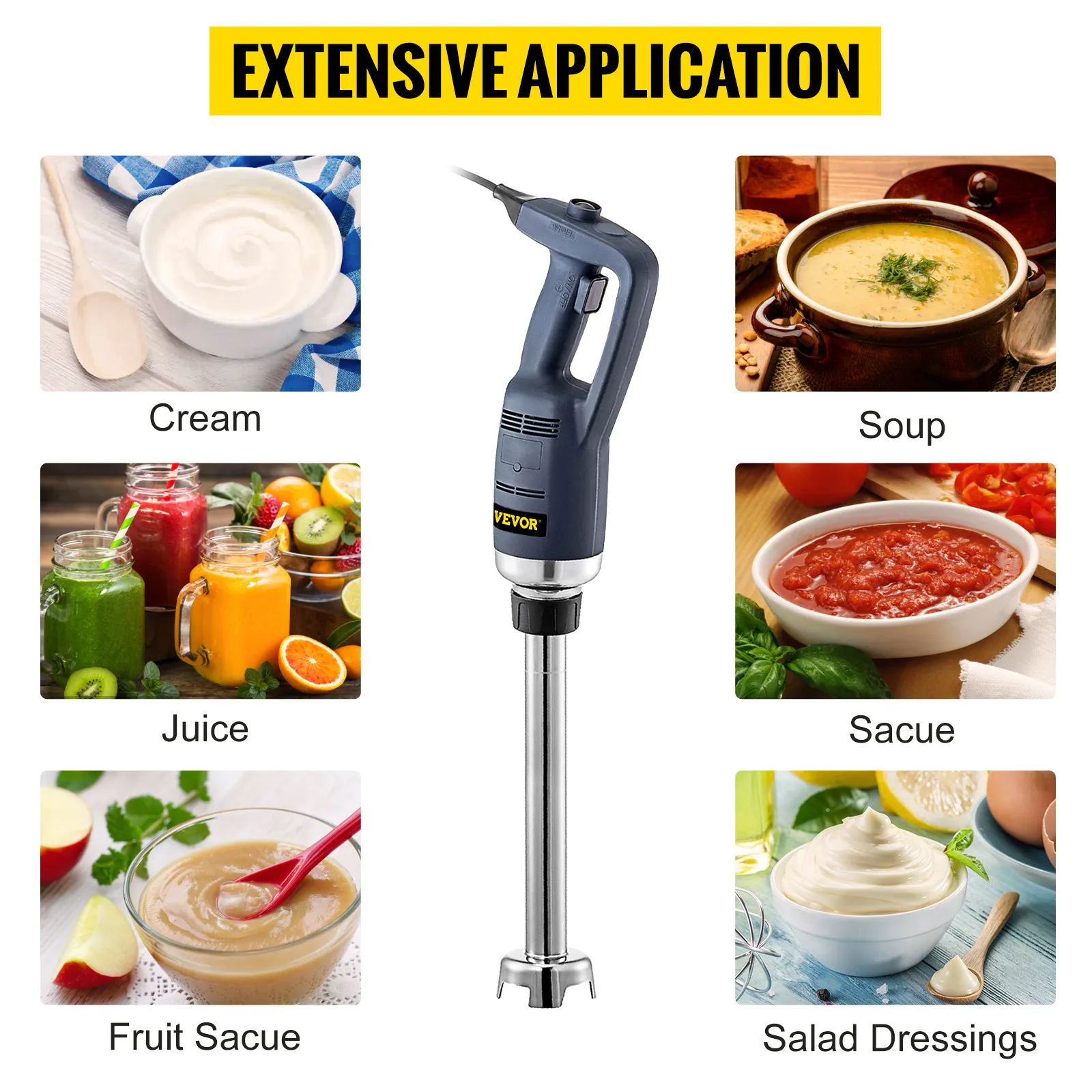 Aplicaciones de la licuadora de inmersión VEVOR: crema, sopa, salsa, jugo, salsa de frutas, aderezos para ensaladas.