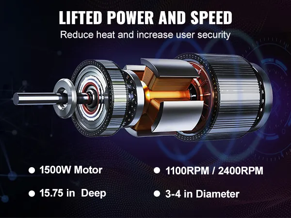 Carotatrice diamantata VEVOR con motore da 1500 W, profondità di 15,75 pollici, 1100 giri/min/2400 giri/min e diametro di 3-4 pollici.