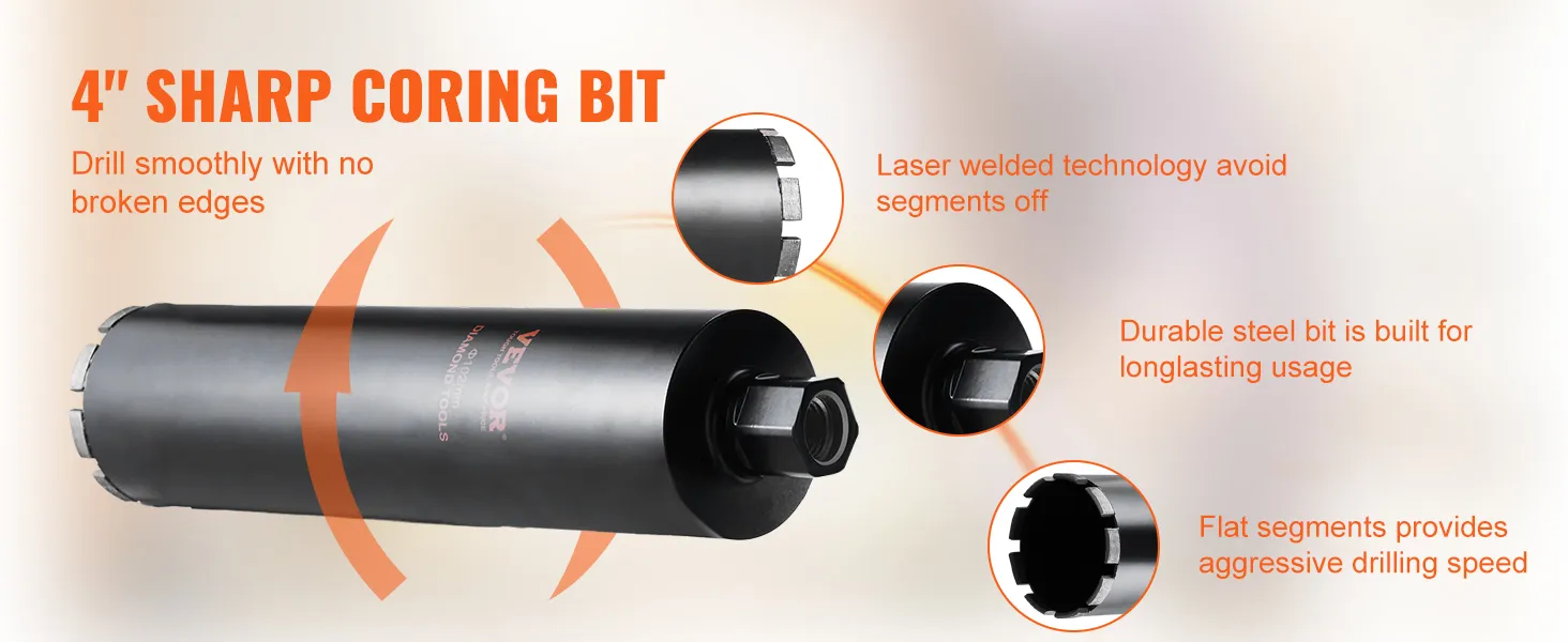 Punta diamantata VEVOR da 4", foratura liscia, saldata al laser, acciaio resistente, segmenti piatti, senza rotture
