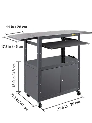 Carrito VEVOR av negro con estantes y almacenamiento, dimensiones etiquetadas en pulgadas y cm.