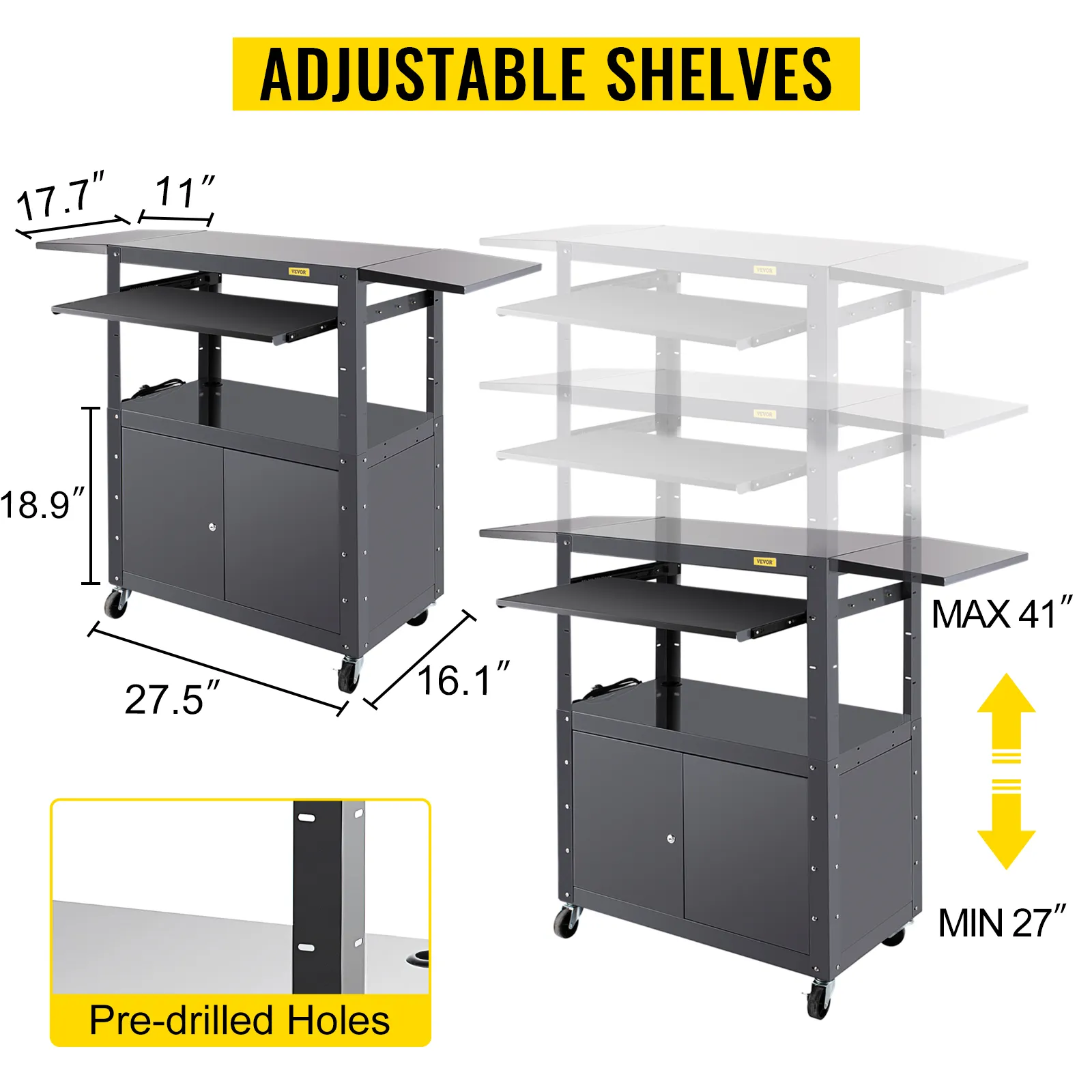 Carrito VEVOR av con estantes ajustables y orificios pretaladrados, rango de altura 27"-41".