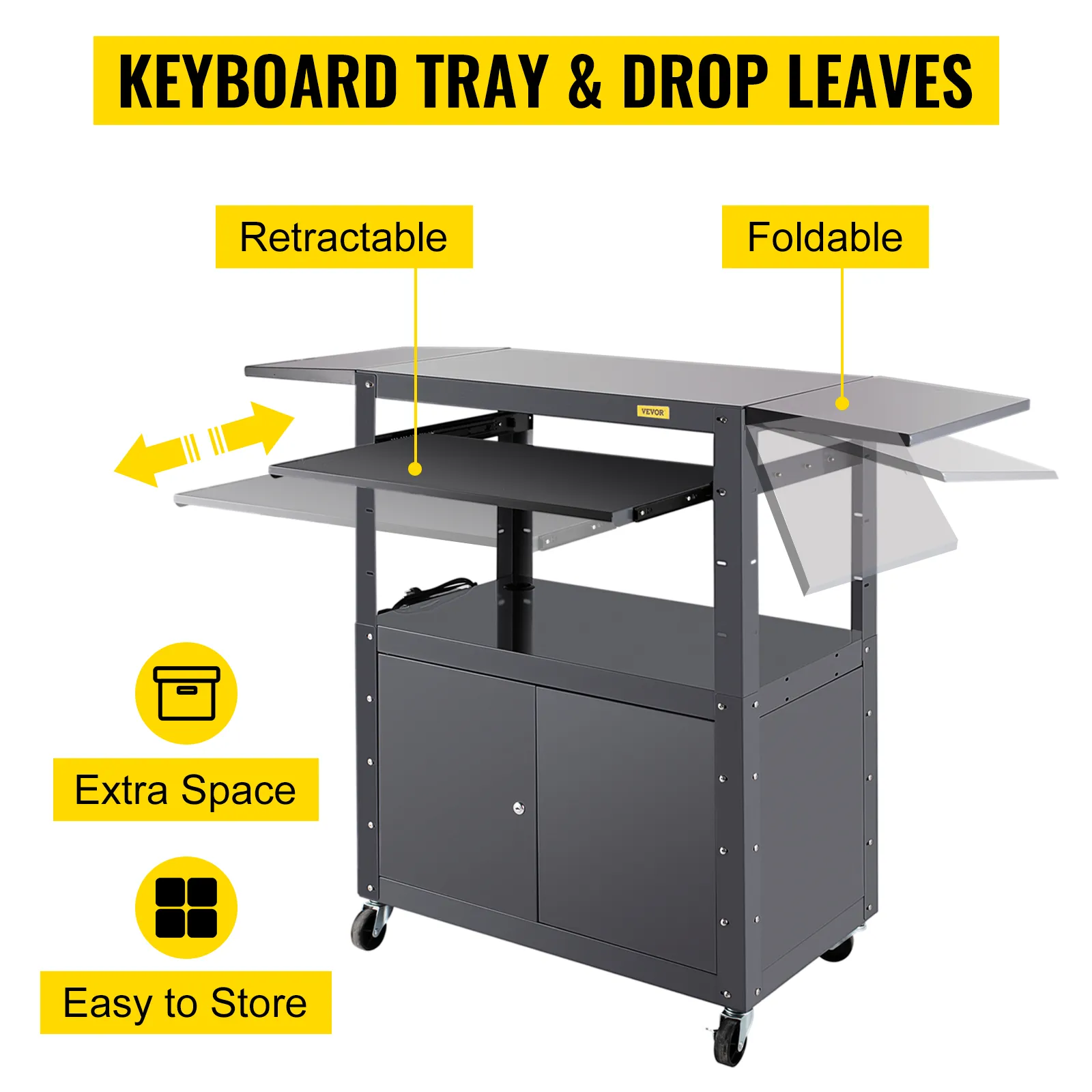 Carrito VEVOR con bandeja de teclado retráctil, hojas plegables y almacenamiento adicional.