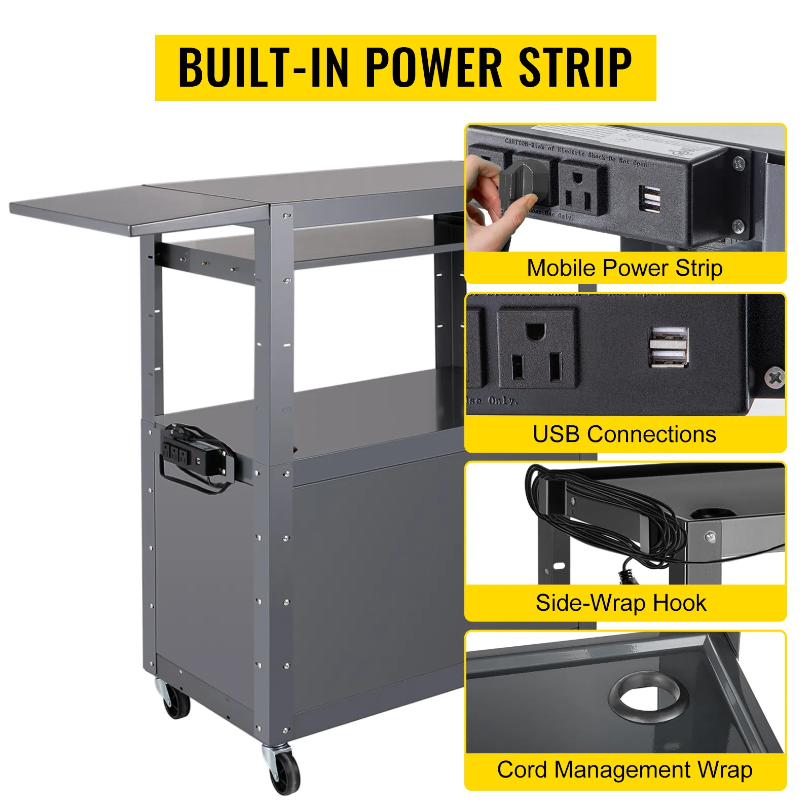 Carrito AV VEVOR con regleta de enchufes incorporada, conexiones USB y gestión de cables.