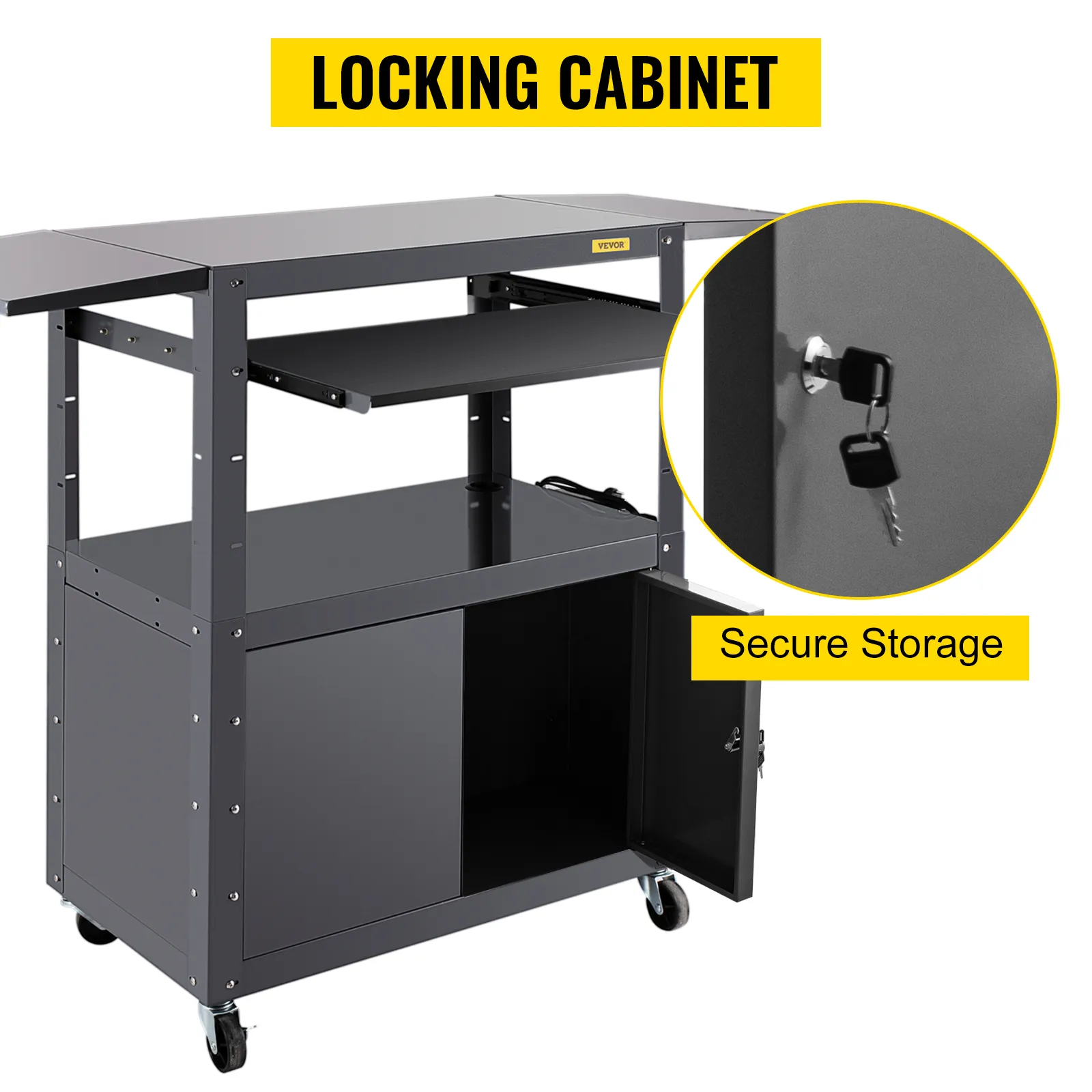 Carrito VEVOR con gabinete con cerradura, almacenamiento seguro y base con ruedas para fácil movilidad.