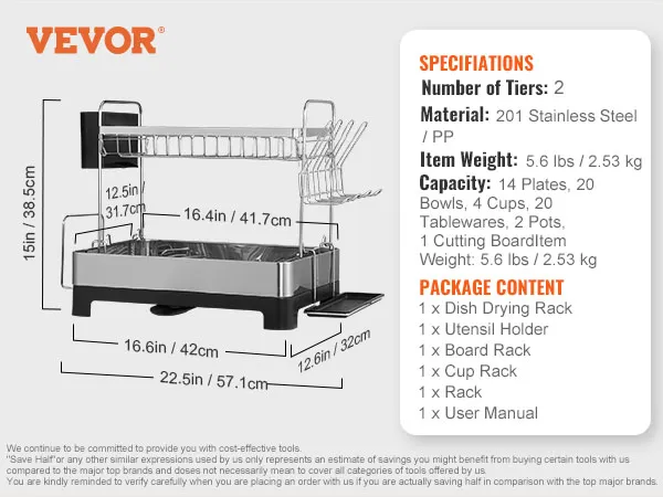 Scolapiatti VEVOR a due ripiani, struttura in acciaio inox e capacità per 14 piatti. Include portautensili e porta taglieri.