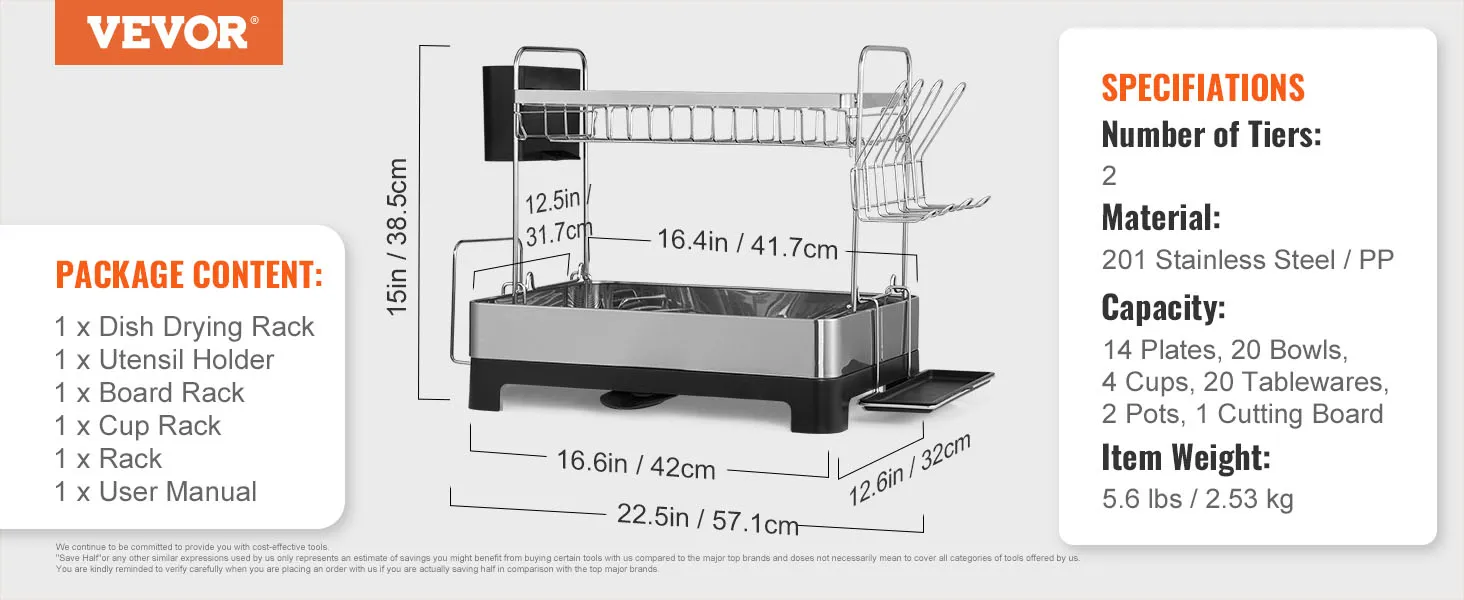 Scolapiatti VEVOR a due ripiani, struttura in acciaio inox e capacità per 14 piatti. Include portautensili e porta taglieri.
