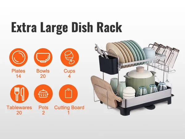 scolapiatti VEVOR extra large, con spazio per piatti, ciotole, tazze, stoviglie, pentole e un tagliere.