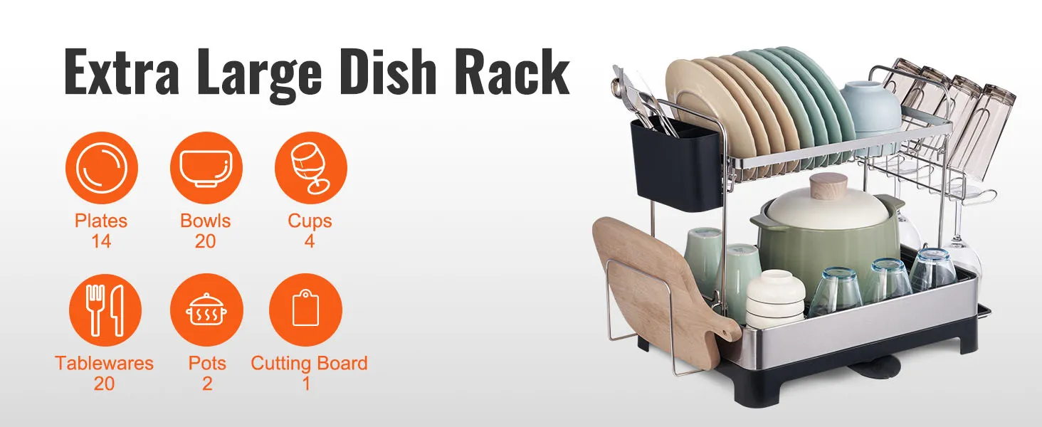 scolapiatti VEVOR extra large, con spazio per piatti, ciotole, tazze, stoviglie, pentole e un tagliere.