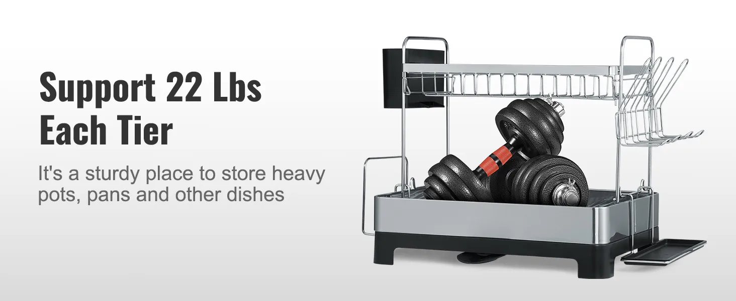 Scolapiatti VEVOR con capacità di carico di 10 kg per ripiano, completo di piatti e pesi, a dimostrazione della sua durevolezza.