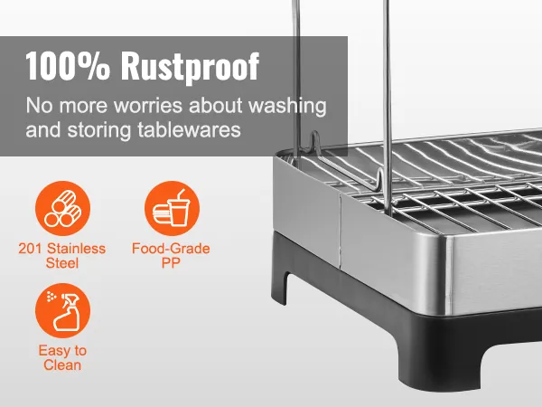 Scolapiatti VEVOR - 100% antiruggine, acciaio inox 201, polipropilene per uso alimentare, facile da pulire.