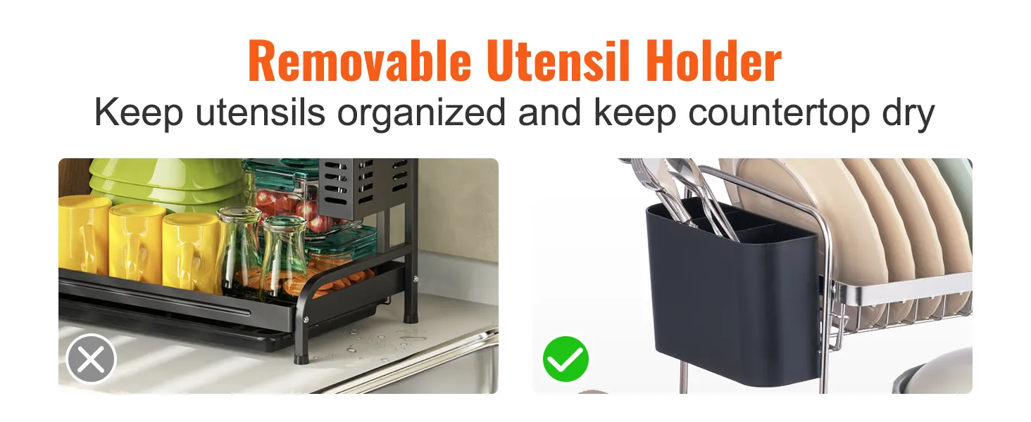 Il portautensili rimovibile per lo scolapiatti VEVOR mantiene gli utensili da cucina in ordine e il piano di lavoro asciutto.