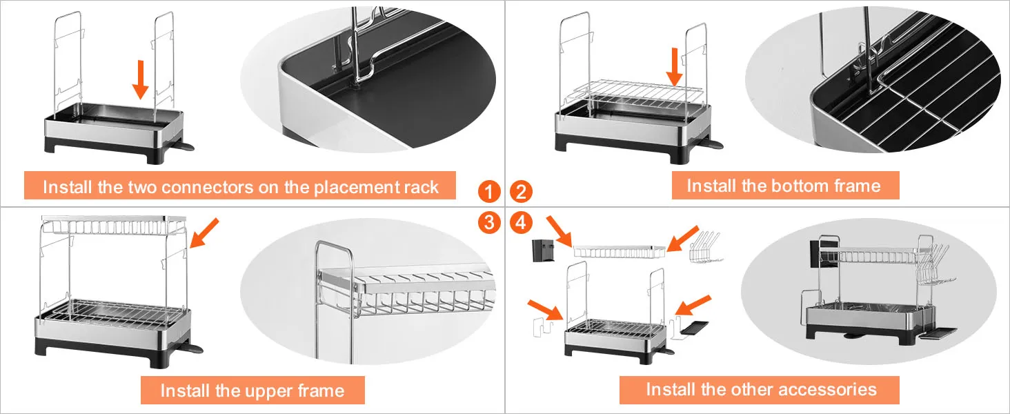 montaggio passo dopo passo dello scolapiatti VEVOR, con connettori, telaio e accessori.