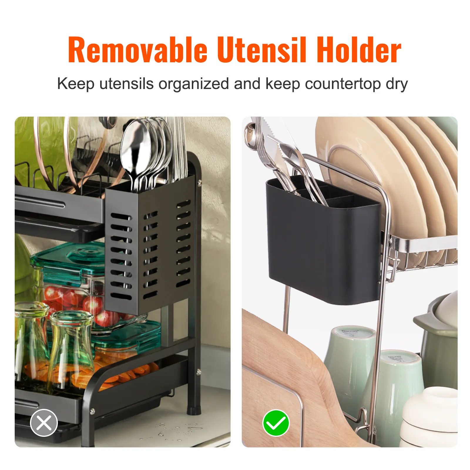 Scolapiatti VEVOR con portautensili rimovibile, dotato di posate organizzate e piano di lavoro asciutto.
