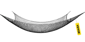 black VEVOR climbing cargo net with yellow tag, curved and suspended against a white background.