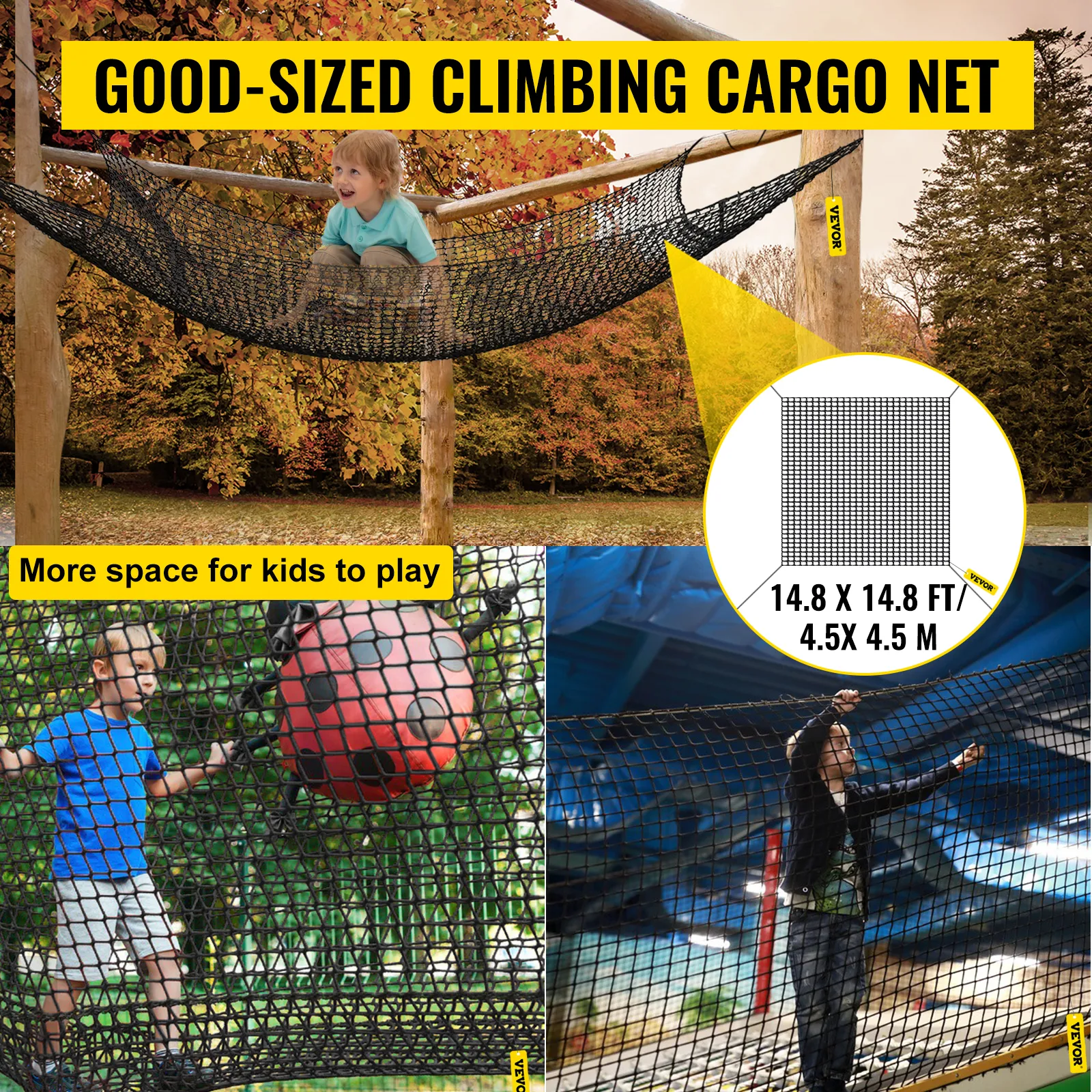 VEVOR climbing cargo net for kids with a 14.8 x 14.8 ft size, outdoor and adventure fun.