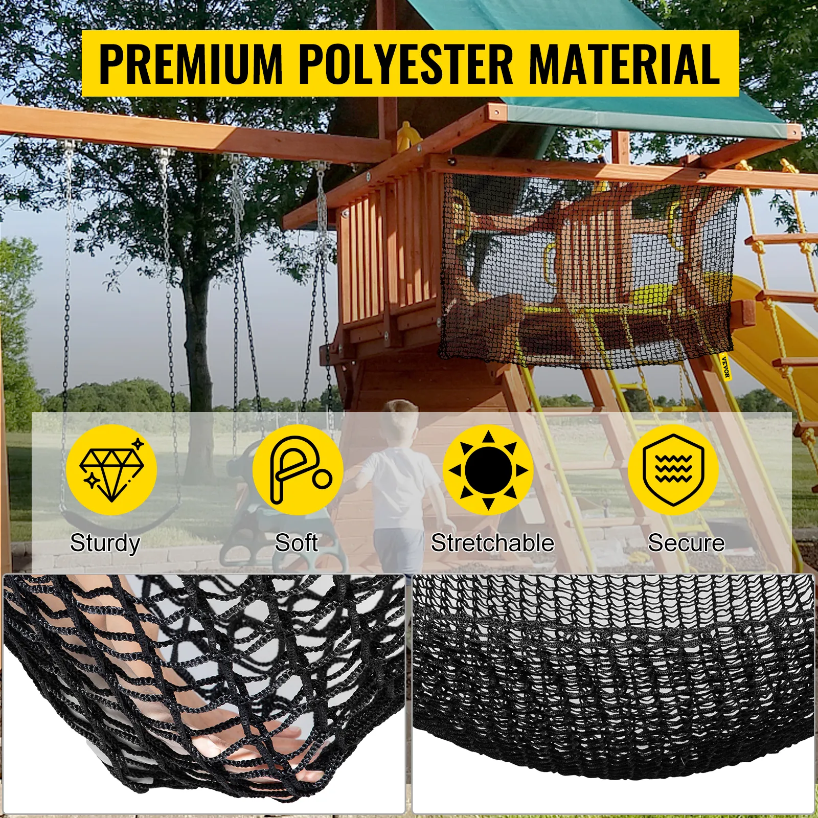 VEVOR climbing cargo net on a playground with text highlighting its durable polyester material.
