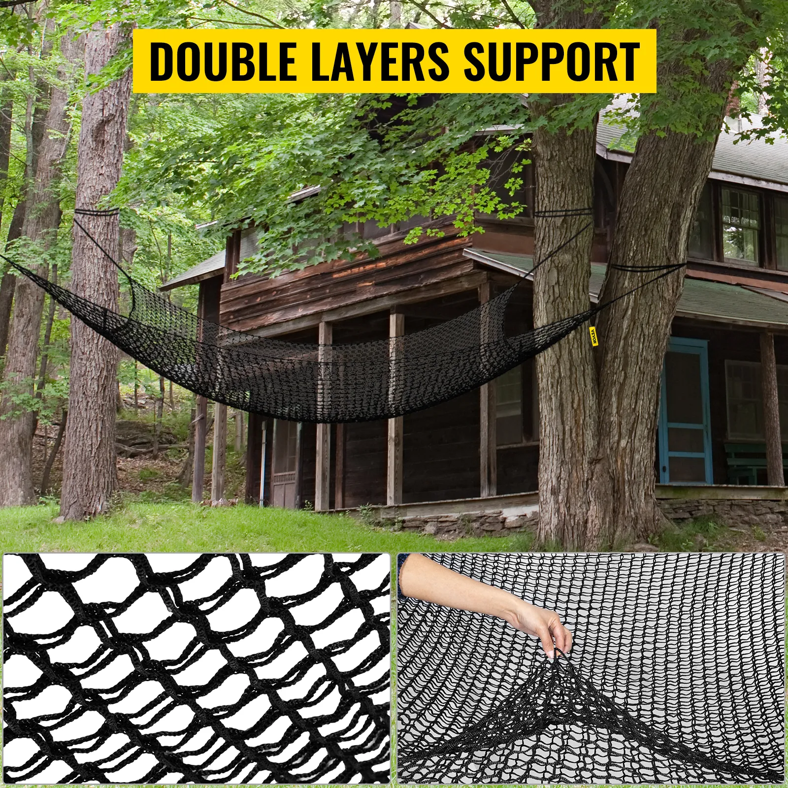 VEVOR climbing cargo net with double layer support hanging between trees near a rustic cabin.