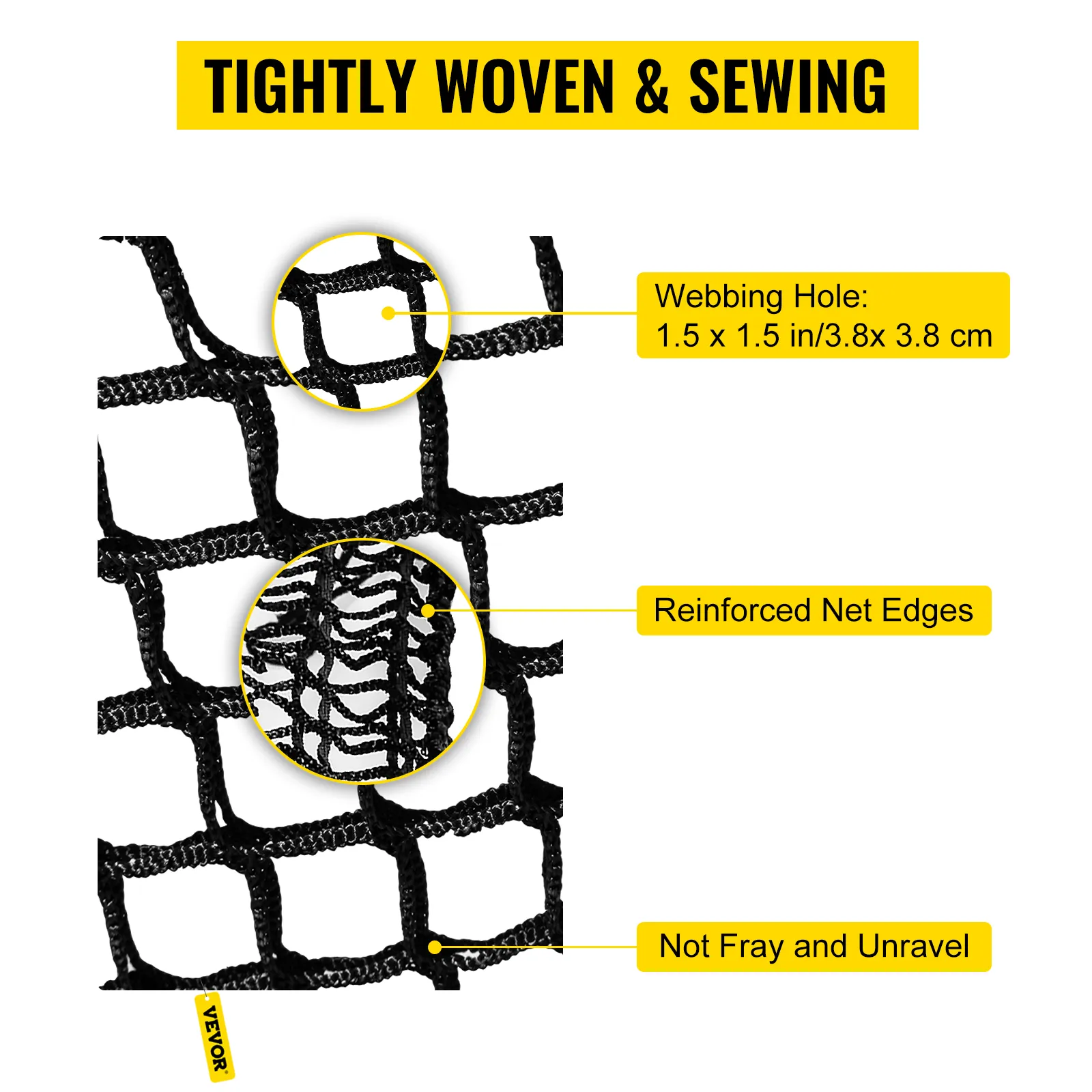 VEVOR climbing cargo net with reinforced edges, 1.5x1.5 in webbing hole.