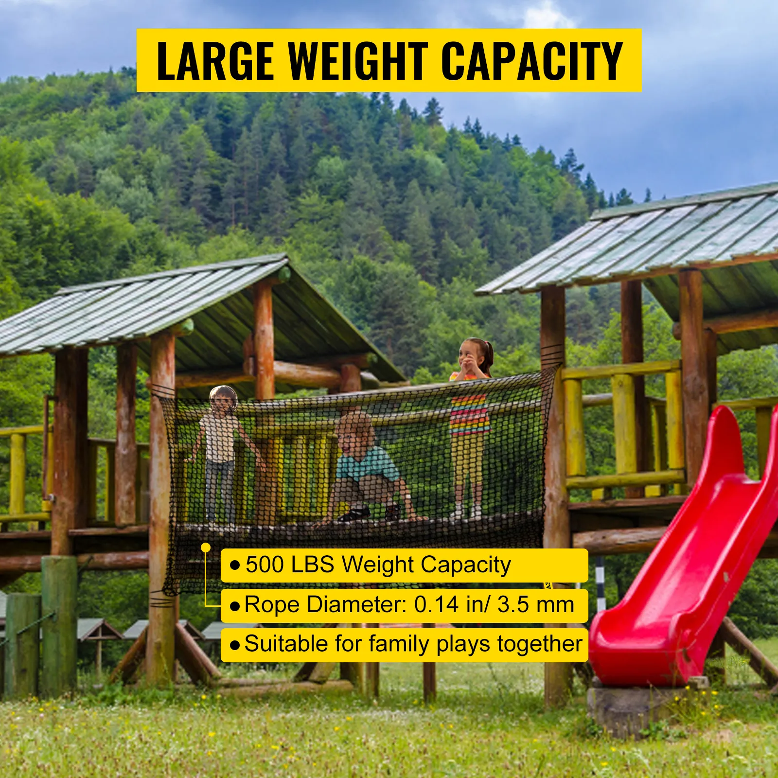 Parque infantil con red de carga para escalar VEVOR, niños en la red, tobogán rojo y estructura de madera.