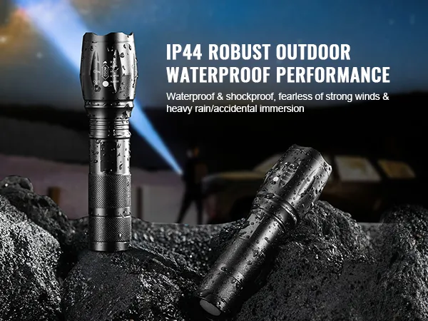 Linterna VEVOR de alto lumen, resistente al agua IP44, para uso en rocas mojadas, duradera y a prueba de golpes para uso en exteriores.
