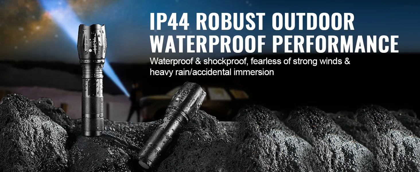 Linterna VEVOR de alto lumen, resistente al agua IP44, para uso en rocas mojadas, duradera y a prueba de golpes para uso en exteriores.