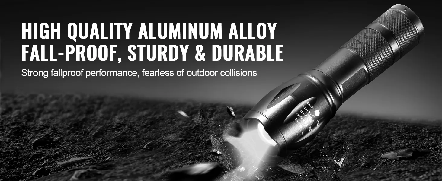 Linterna VEVOR de aluminio de alta calidad y alto lumen, a prueba de caídas, resistente y duradera, ideal para uso en exteriores.