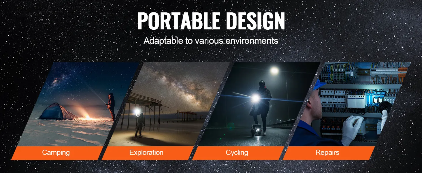 Diseño portátil para diversos entornos: acampada, exploración, ciclismo y reparaciones. Linterna VEVOR de alta potencia lumínica.