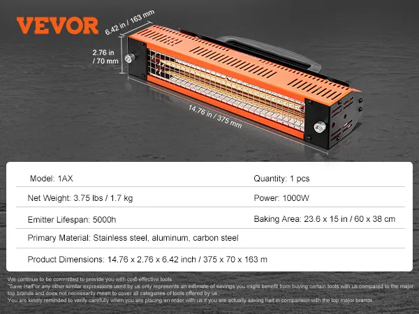 VEVOR infrared curing lamp with 1000w power, stainless steel construction, 14.76x2.76x6.42 inches.
