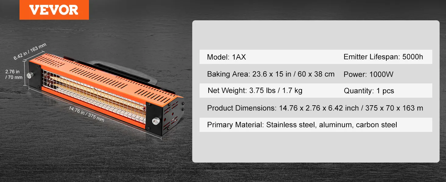 VEVOR infrared curing lamp with 1000w power, stainless steel construction, 14.76x2.76x6.42 inches.