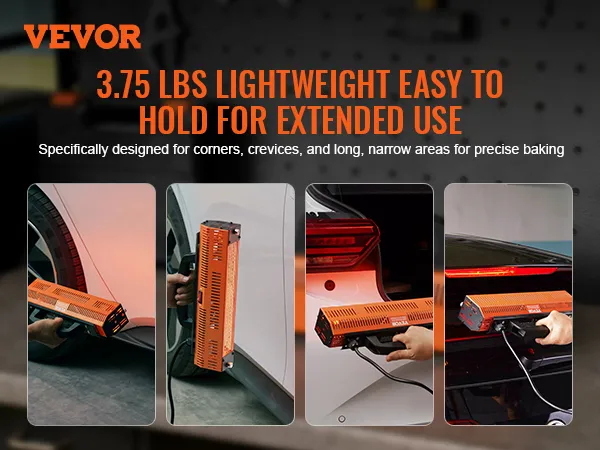 VEVOR infrared curing lamp, lightweight and easy to hold, ideal for corners, crevices, and narrow areas.