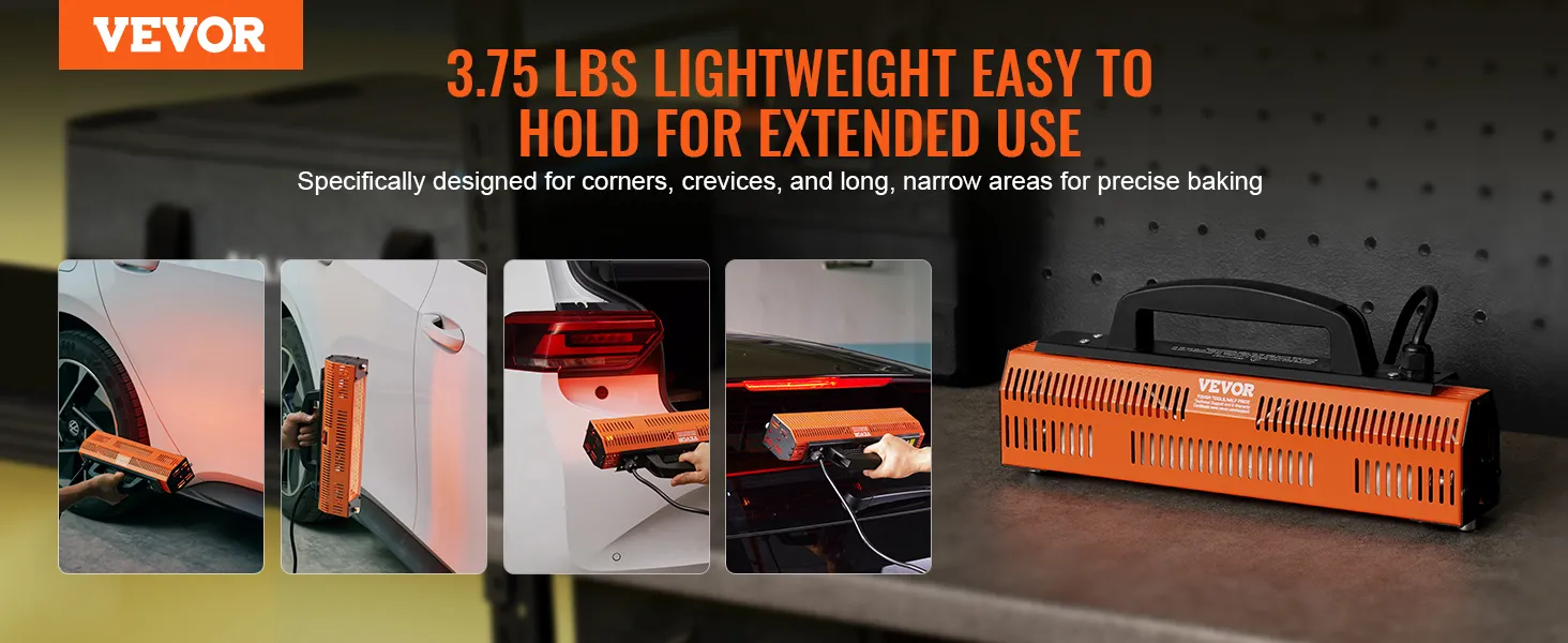 VEVOR infrared curing lamp, lightweight and easy to hold, ideal for corners, crevices, and narrow areas.