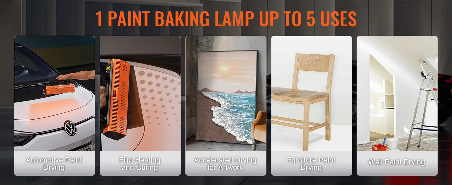 VEVOR infrared curing lamp uses: automotive drying, film heating, artwork drying, furniture/wall paint drying.